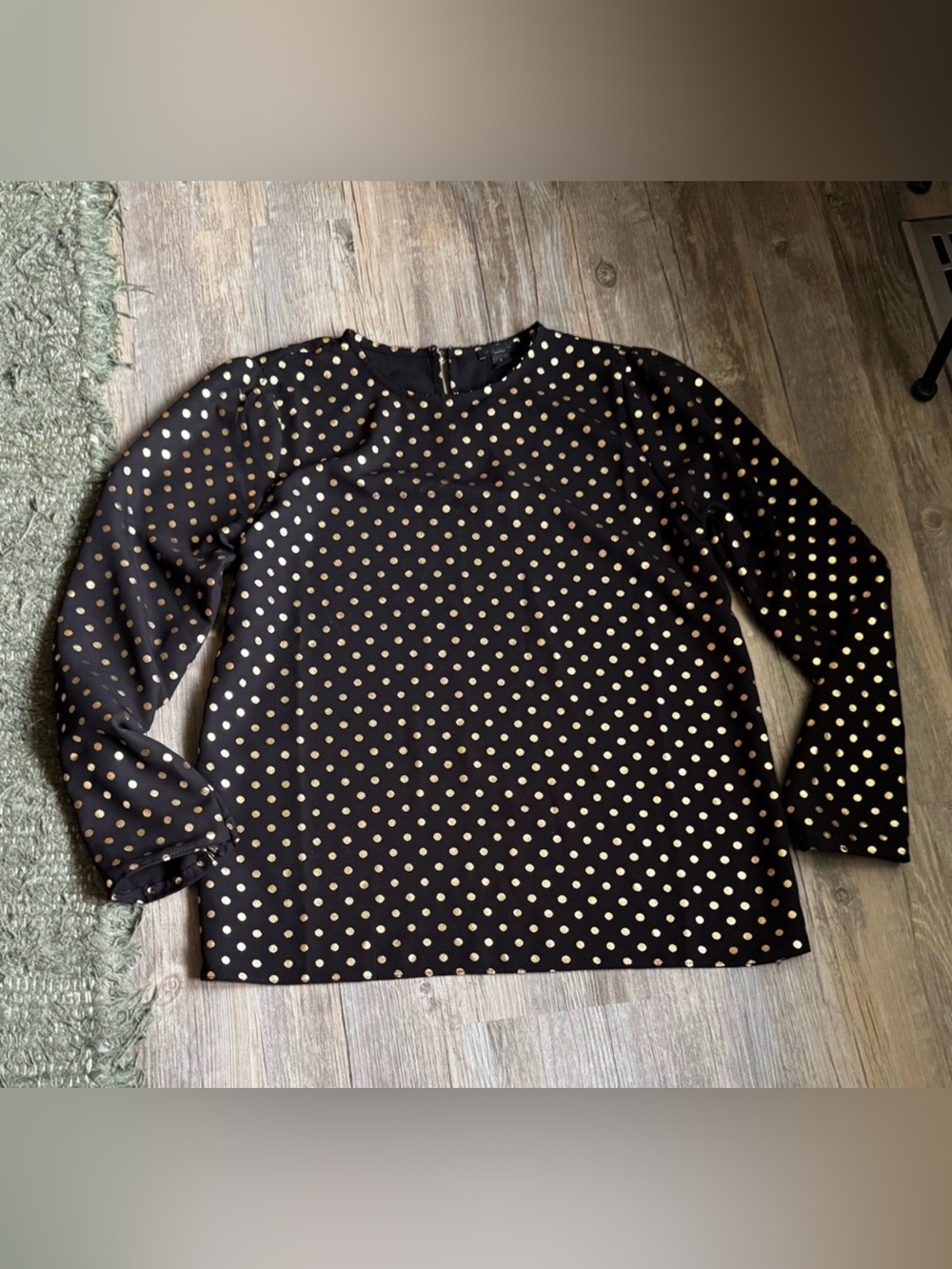 Ann Taylor Black and Gold Metallic Foil Polka Dot Long Sleeve Blouse